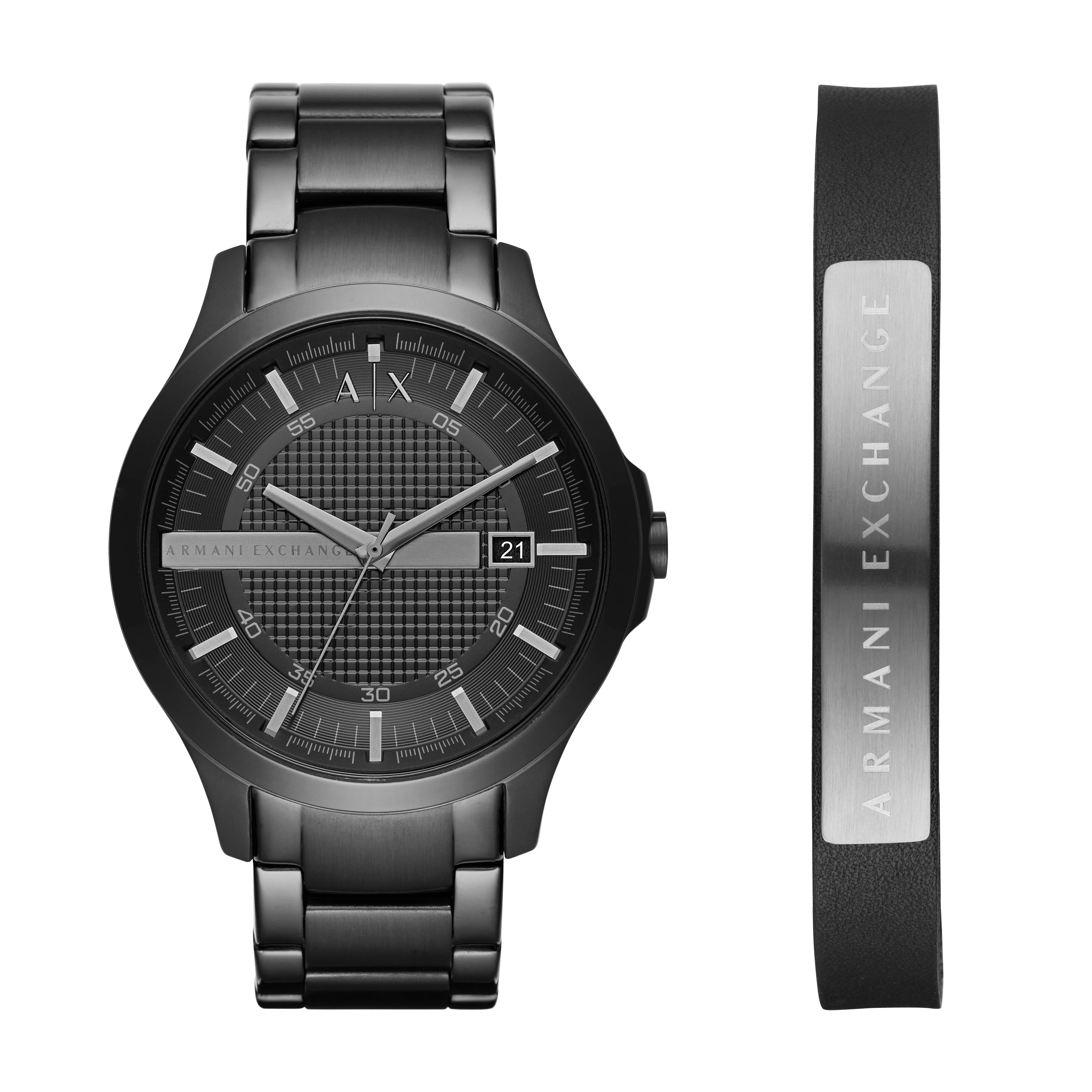 Armani Exchange outlets Three-Hand Black Stainless Steel Watch and Bracelet Gift Set. It