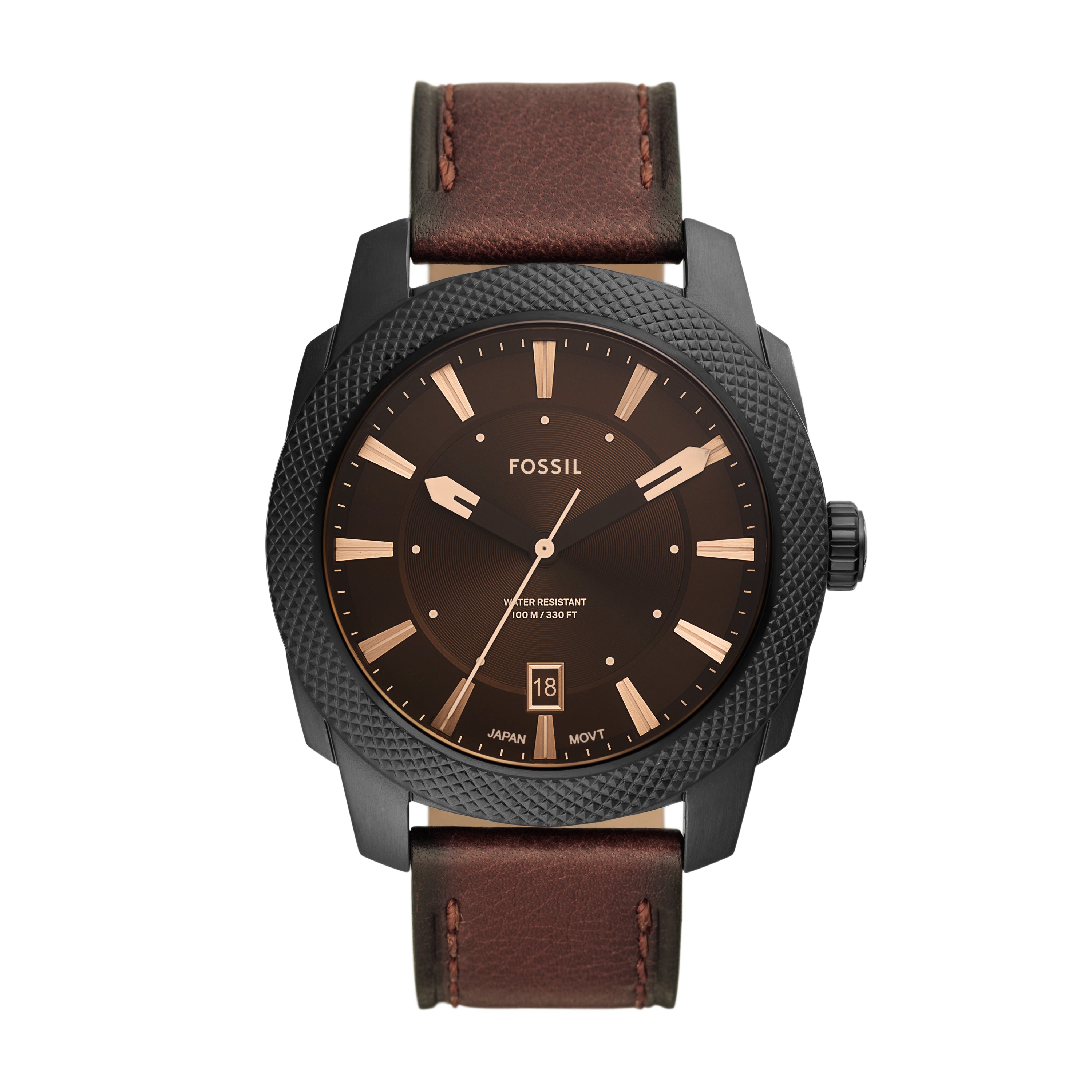 Fossil Machine Three Hand Date Dark Brown LiteHide Leather Watch FS59