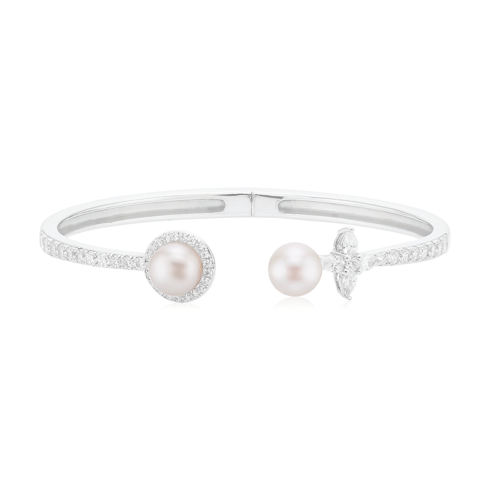 Sterling Silver Cubic Zirconia Fresh Water Pearl Hinge Bracelet