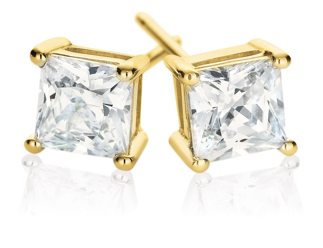 HUSH 9ct Yellow Gold Princess Cut with 1 CARAT tw of Diamond Simulants Stud Earrings