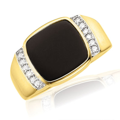 9ct Yellow Gold Diamond Set & Onyx Square Mens Ring