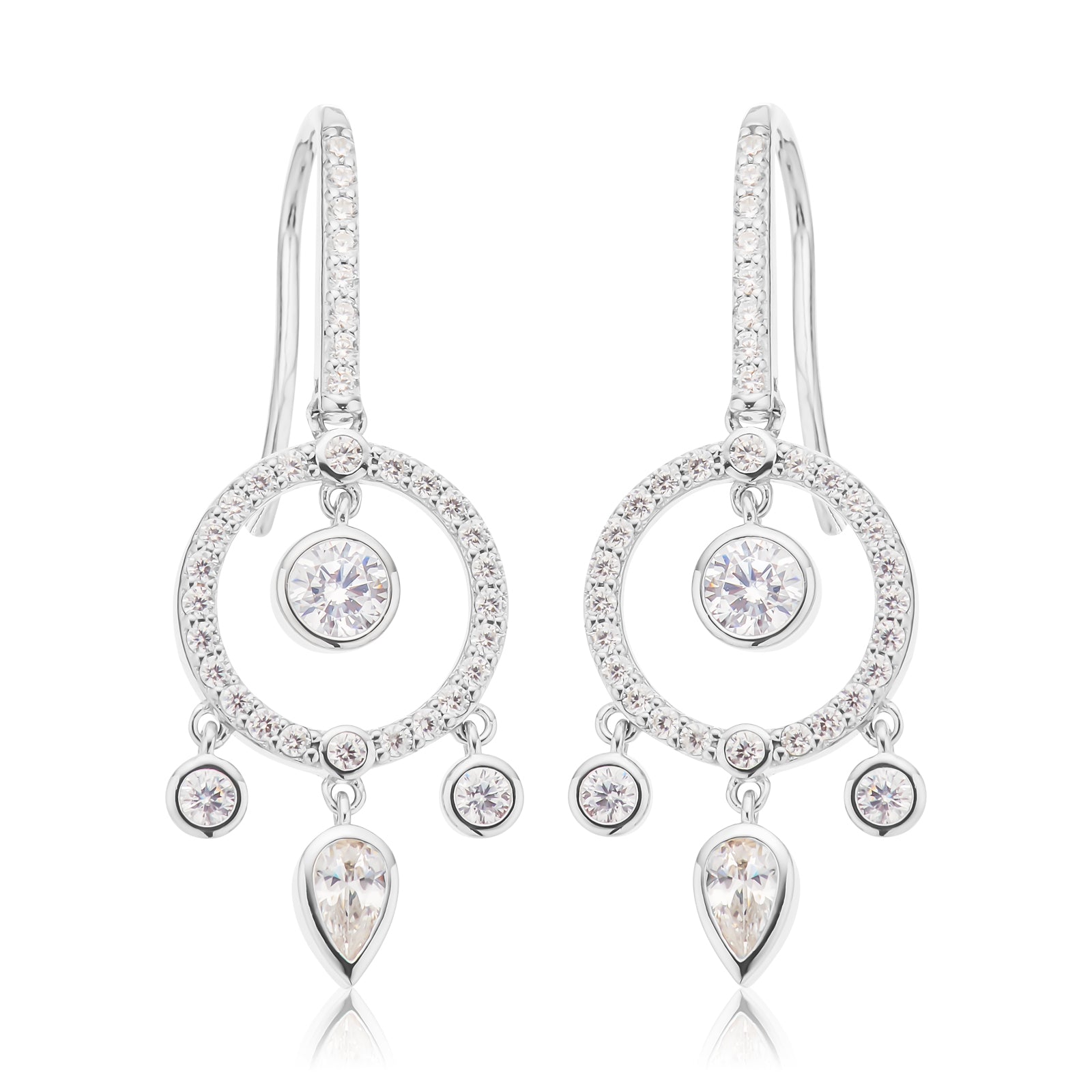 Sterling Silver with Round Brilliant & Pear Cut White Cubic Zirconia Earrings