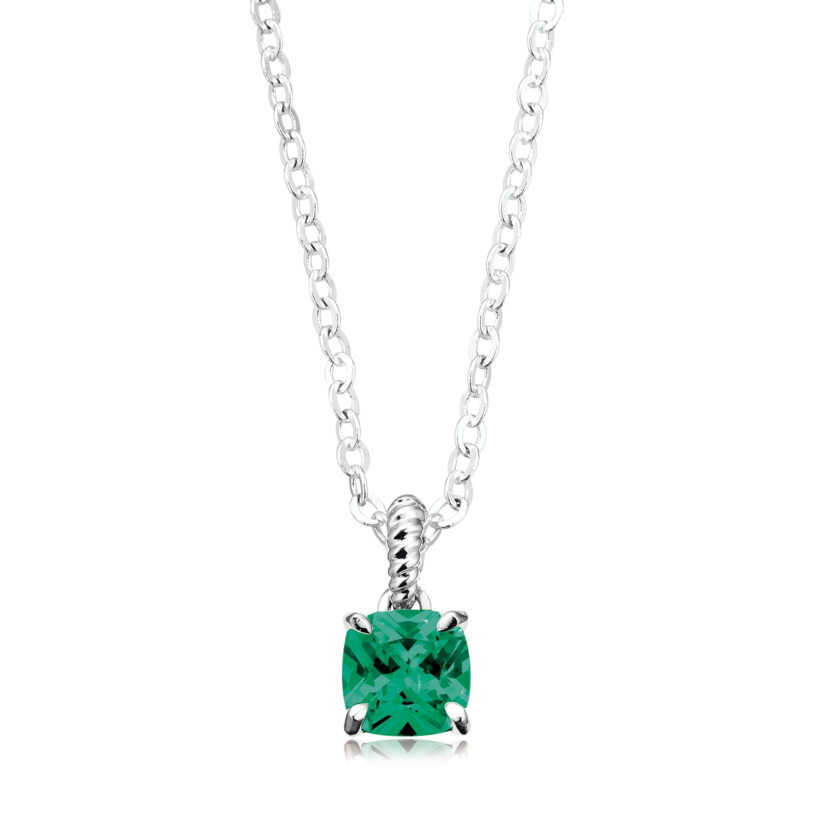 Sterling Silver Cushion 6x6mm Green Cubic Zirconia Pendant