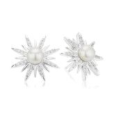 Sterling Silver Button 7-7.5mm Cubic Zirconia White Fresh Water Pearl Stud Earrings