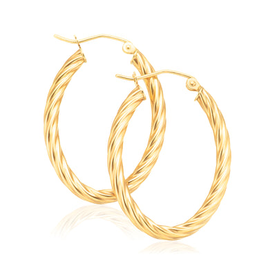 9ct Yellow Gold Oval 3x22x29mm Pattern Twist Hoop Earrings