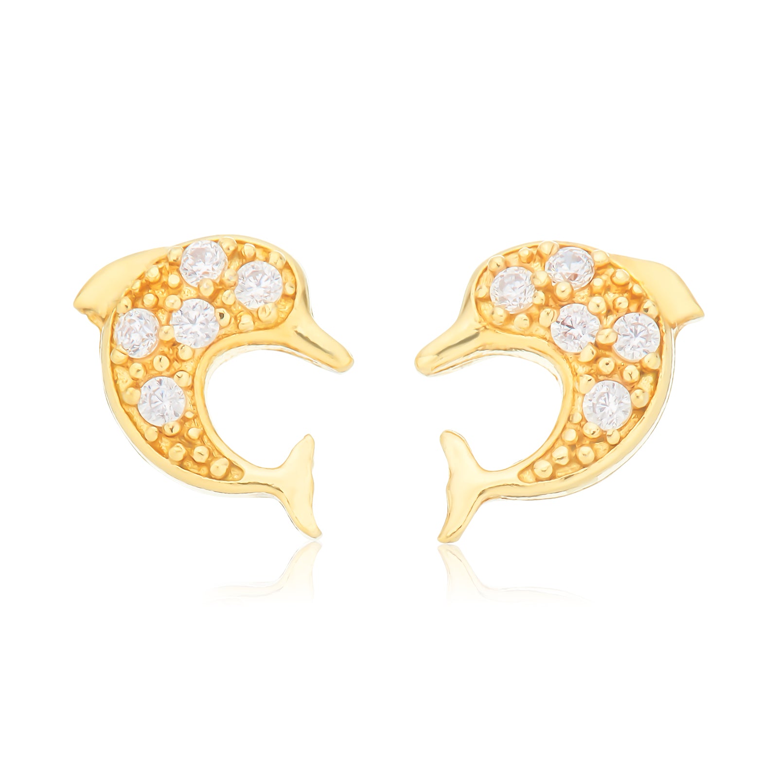 9ct Yellow Gold Silver Filled Round White Cubic Zirconia Dolphin Earrings