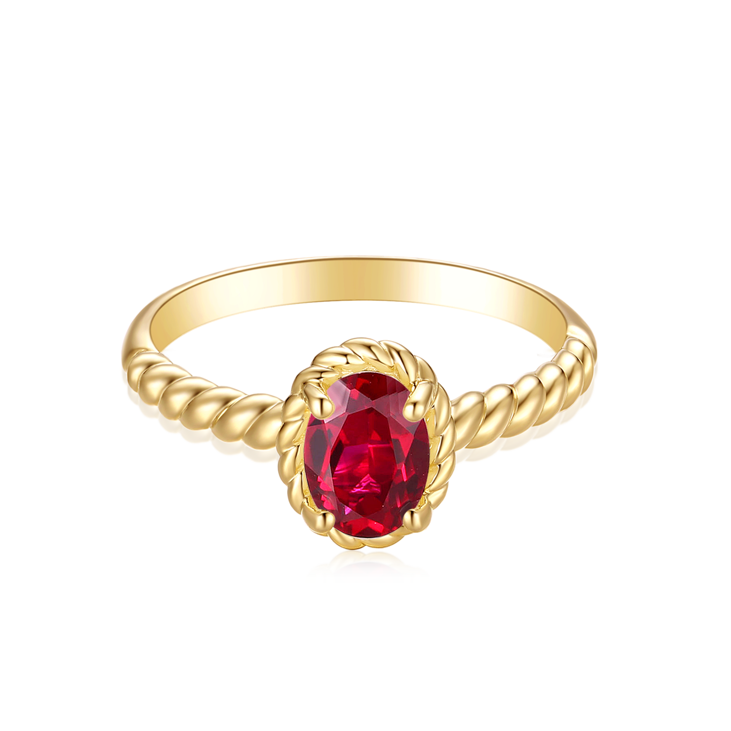 9ct Yellow Gold Oval Cut 7x5mm Created Ruby July Ring