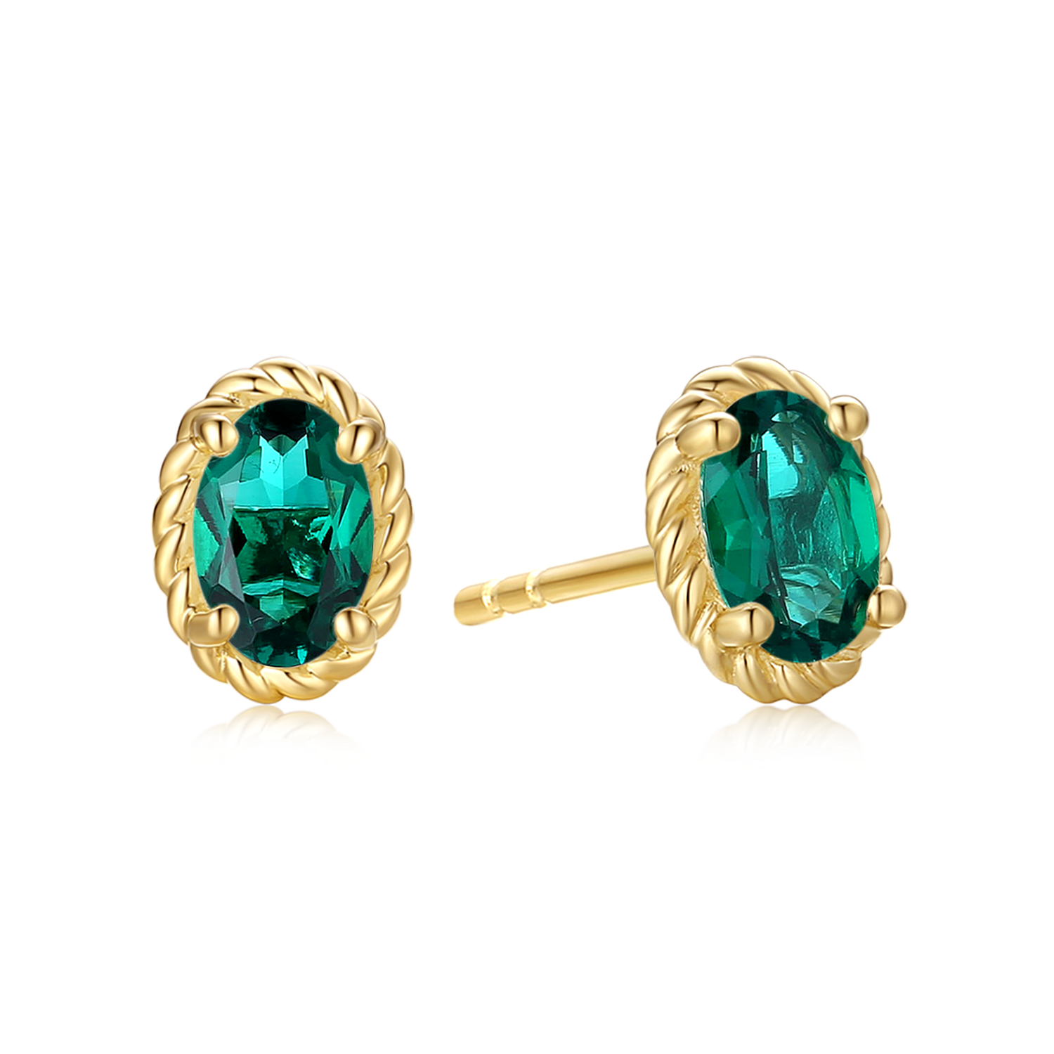 9ct Yellow Gold Oval Cut 6x4 mm Created Emerald May Birthstone Stud Earrings