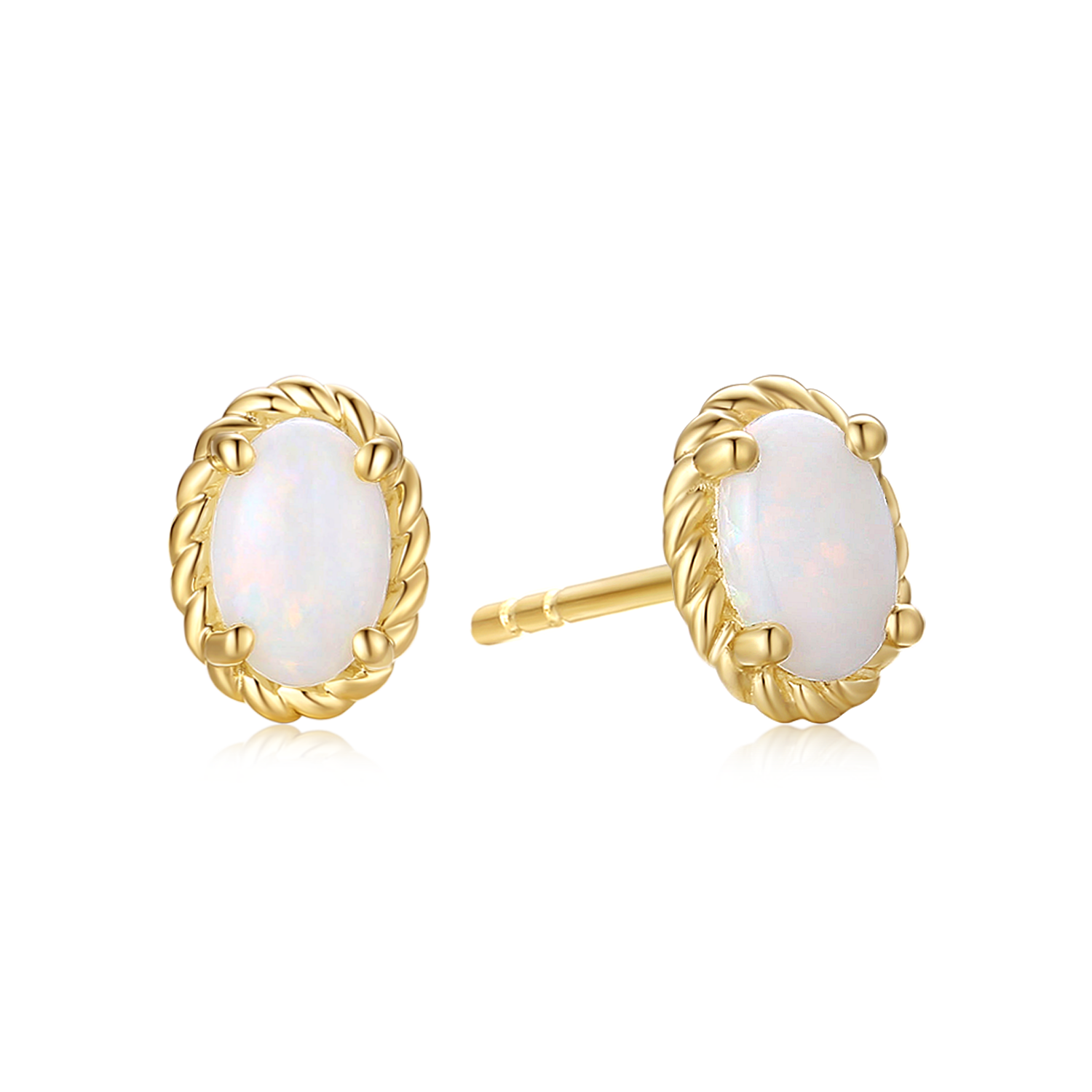 9ct Yellow Gold Oval Cut 6x4mm White Opal October Earrings