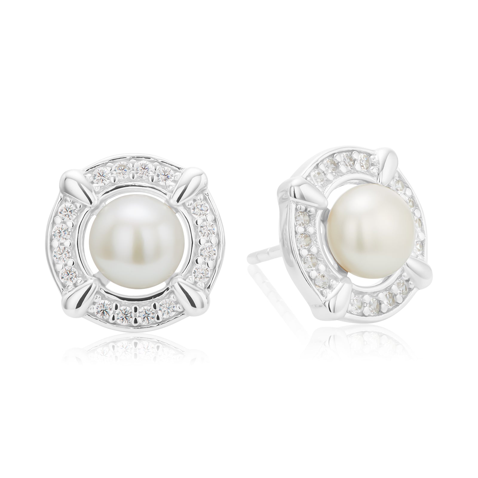 Sterling Silver 6-6.5mm Cubic Zirconia White Fresh Water Pearl Earrings