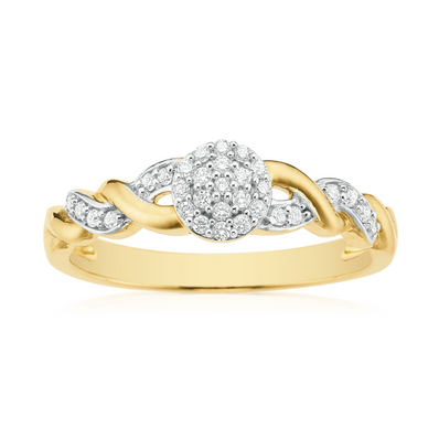 9ct Yellow Gold Round Cut 0.15 CARAT tw of Diamonds Cluster Twist Ring