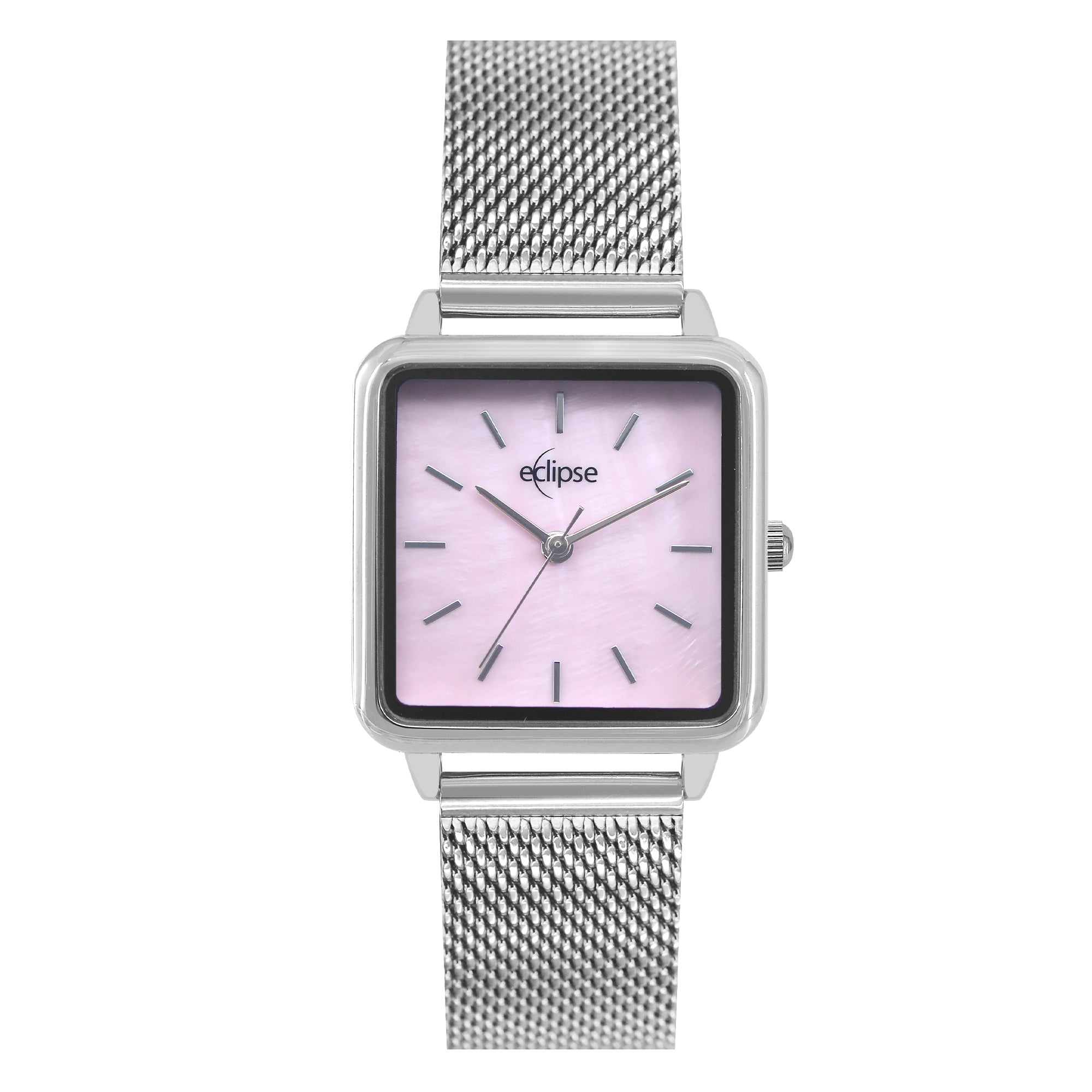 Eclipse Stainless Steel Square Pink Mother of Pearl Dial Silver Band Watch