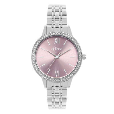 Eclipse Stainless Steel Round Pink Dial Silver Band Watch