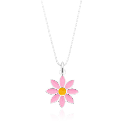 Sterling Silver 38cm Pink Enamel Flower Kids Necklace