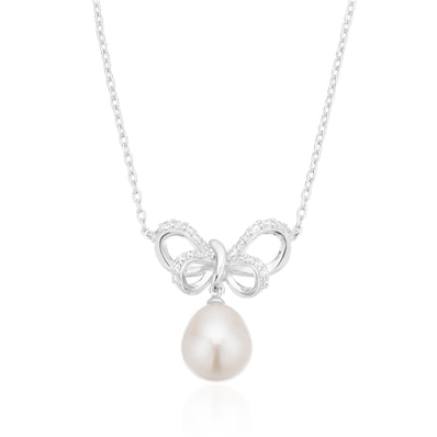 Sterling Silver Round 40cm White Fresh Water Pearl & Cubic Zirconia Necklace