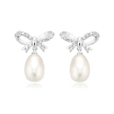 Sterling Silver Round White Fresh Water Pearl & Cubic Zirconia Drops Earrings