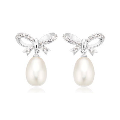 Sterling Silver Round White Fresh Water Pearl & Cubic Zirconia Drops Earrings