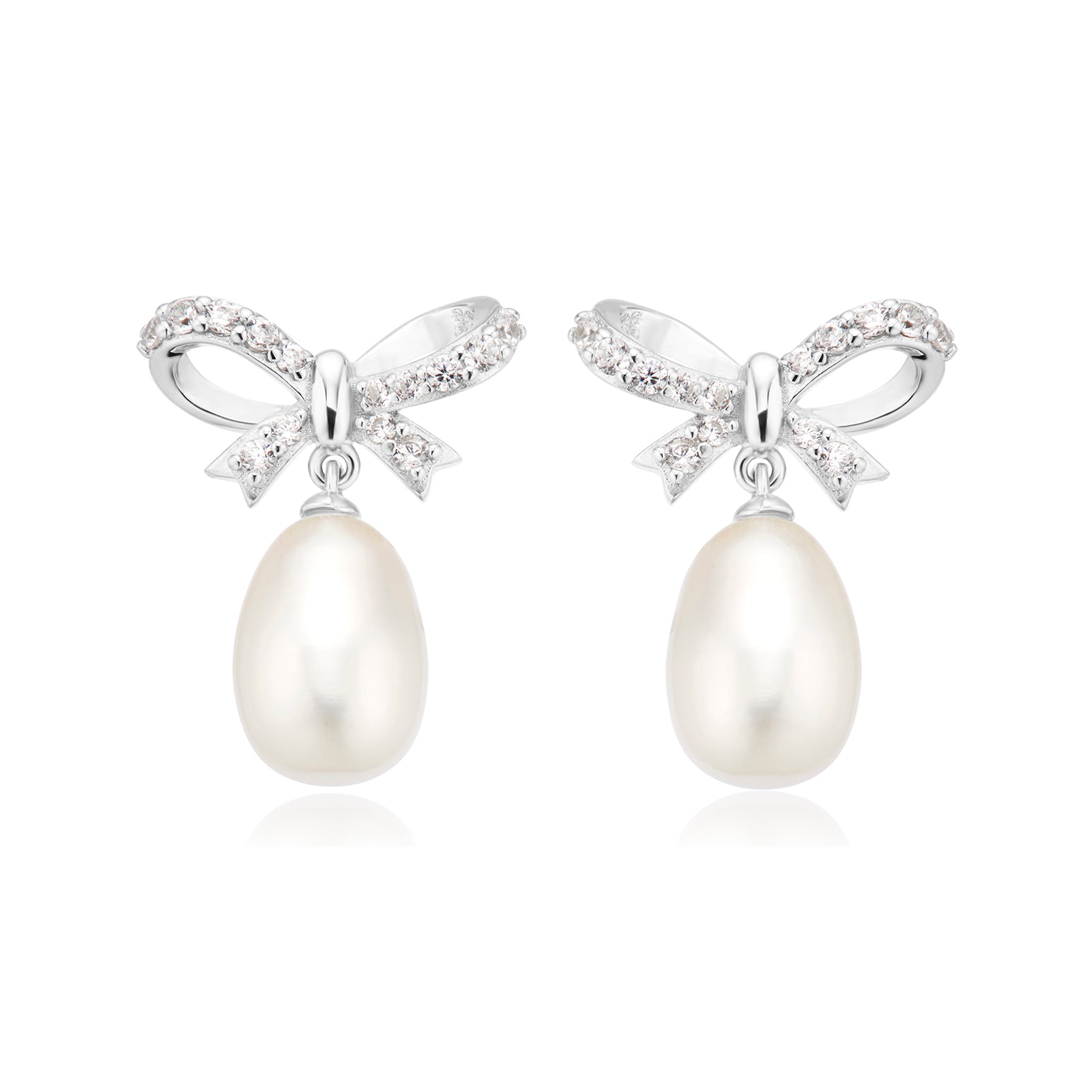 Sterling Silver Round White Fresh Water Pearl & Cubic Zirconia Drops Earrings