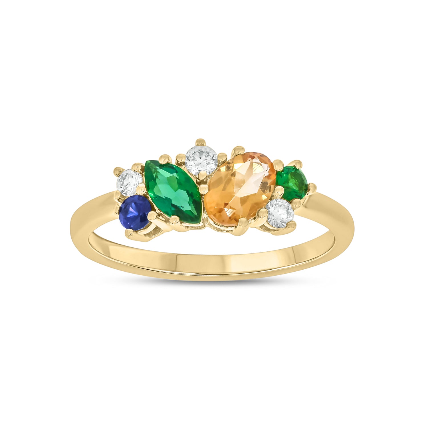 9ct Yellow Gold Oval Marquise & Round Cut 0.10 Carat tw Created Emerald Created Sapphire Citrine Ring