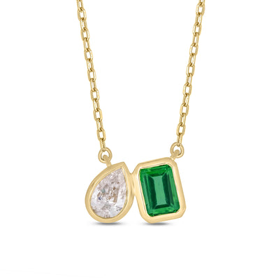 9ct Yellow Gold Pear & Emerald Cut Created Emerald 0.40 Carat tw Lab Grown Diamonds Necklace