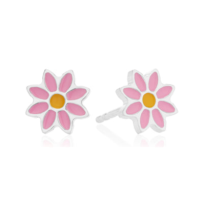 Sterling Silver Pink Enamel Flower Kids Stud Earrings