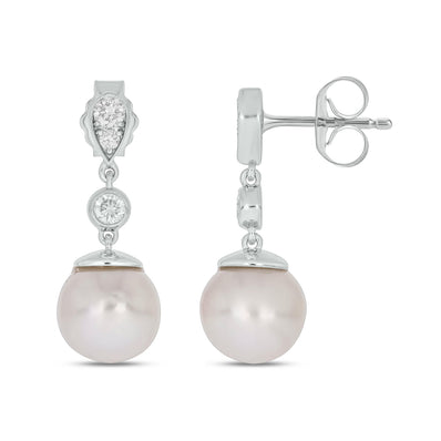 9ct White Gold White Cultured Fresh Water Pearl 0.25 Carat tw Lab Grown Diamonds Drop Earrings