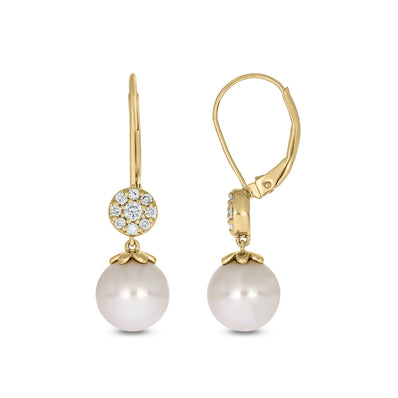 9ct Yellow Gold White Cultured Fresh Water Pearl 0.25 Carat tw Lab Grown Diamonds Drop Earrings