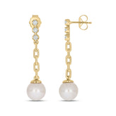 9ct Yellow Gold White Cultured Fresh Water Pearl 0.15 Carat tw Lab Grown Diamonds Drop Earrings