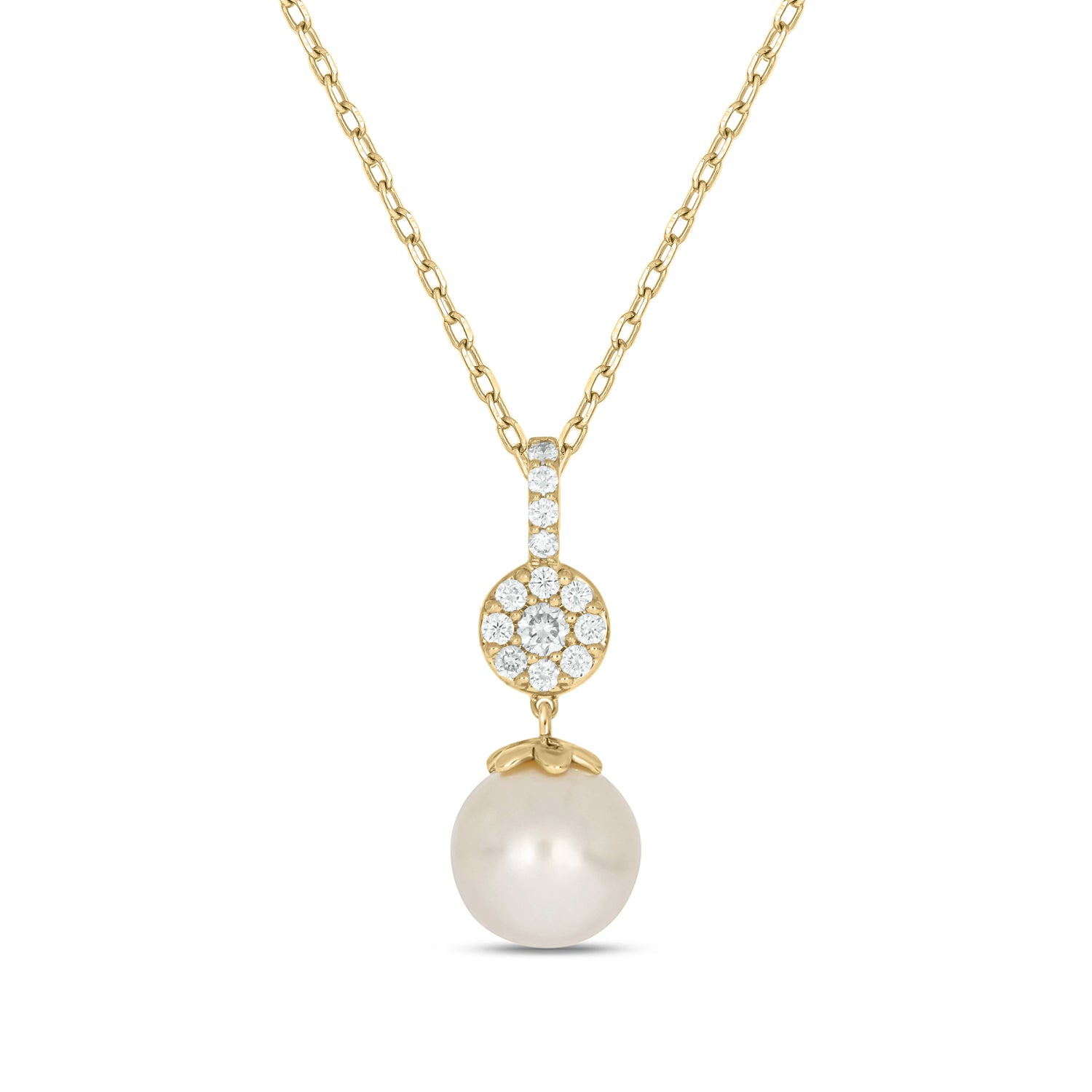 9ct Yellow Gold Round Cut White Fresh Water Pearl and Lab Grown Diamonds Pendant