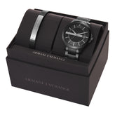 Armani Exchange Three-Hand Date Black Stainless Steel Watch and Bracelet Gift Set AX7101