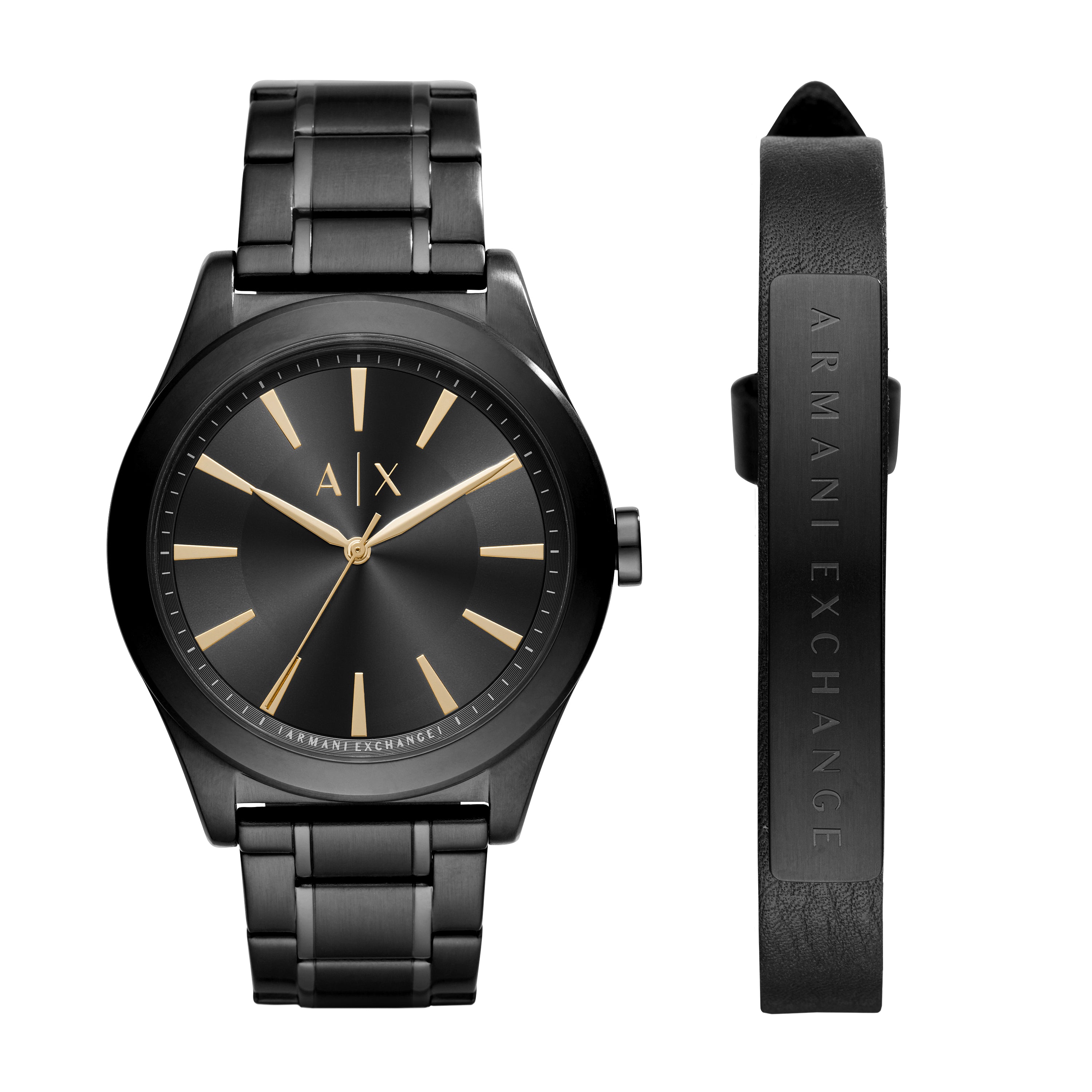 Armani Exchange Three-Hand Black Stainless Steel Watch and Bracelet Gift Set AX7102