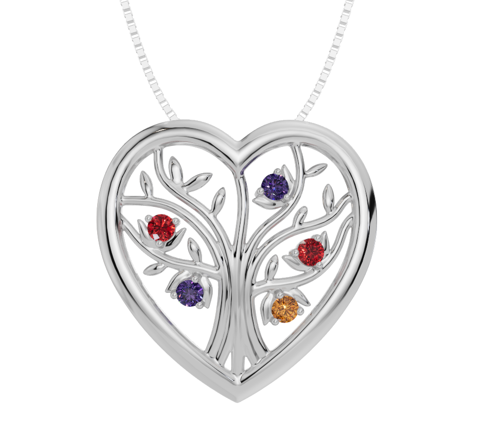 Personalised 5 Birthstones Heart Tree Pendant