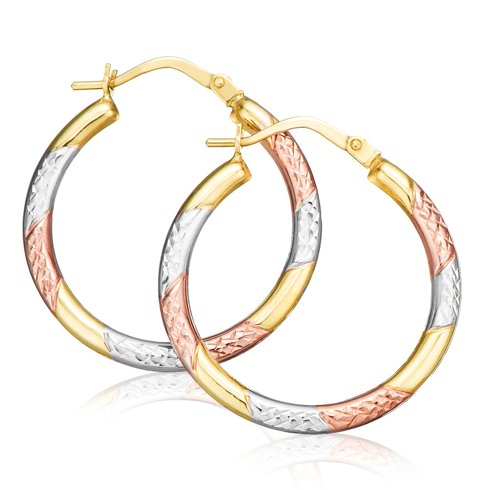 9ct Three Tone Gold 23mm Patterned  Hoop Earrings