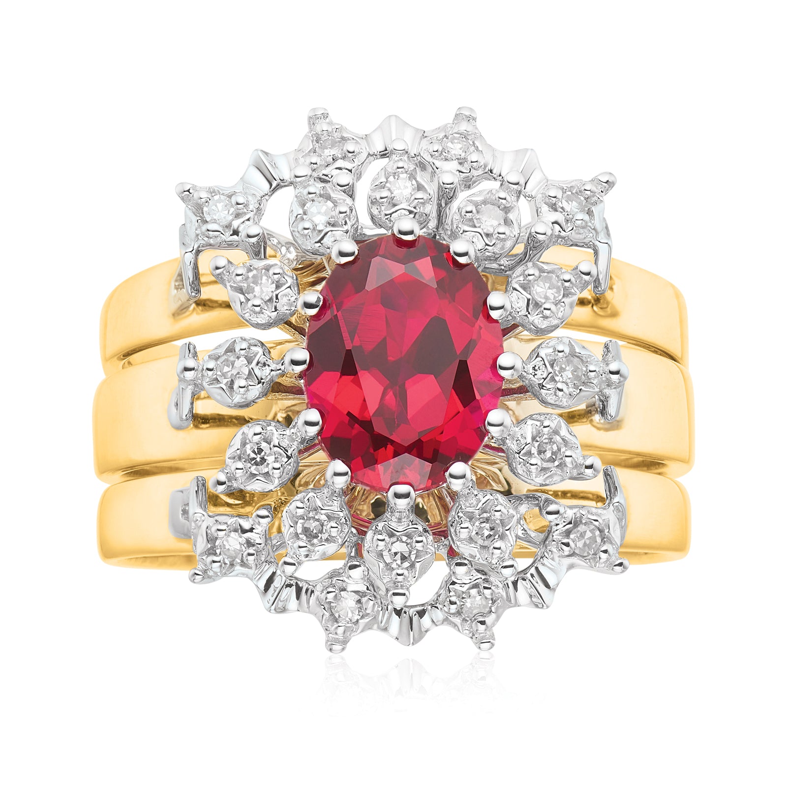 9ct Two Tone Gold 0.10 Carat tw of Diamonds 8x6 mm Oval Cut Created Ruby 3 Ring Set