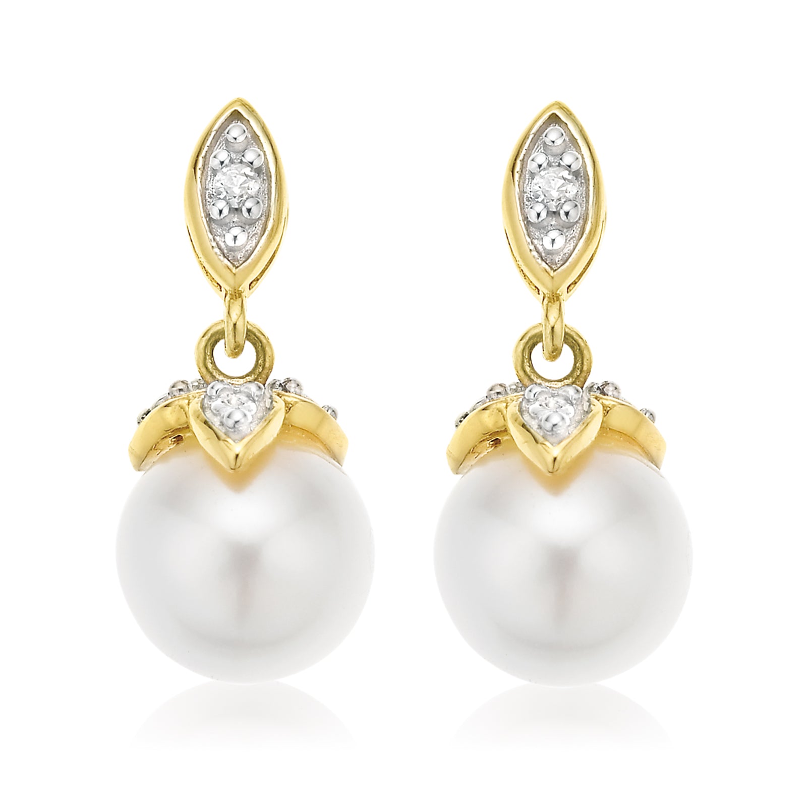 9ct Yellow Gold Freshwater Pearls & Diamond Set Drop Earrings