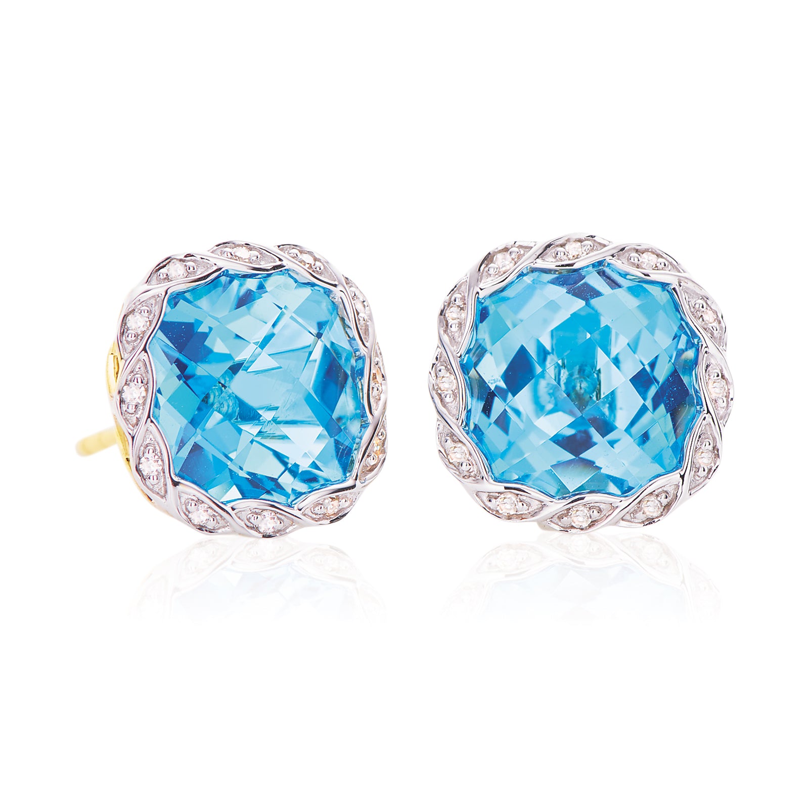 9ct Two Tone Gold Cushion & Round Brilliant Cut Blue Topaz & Diamond Set Stud Earrings