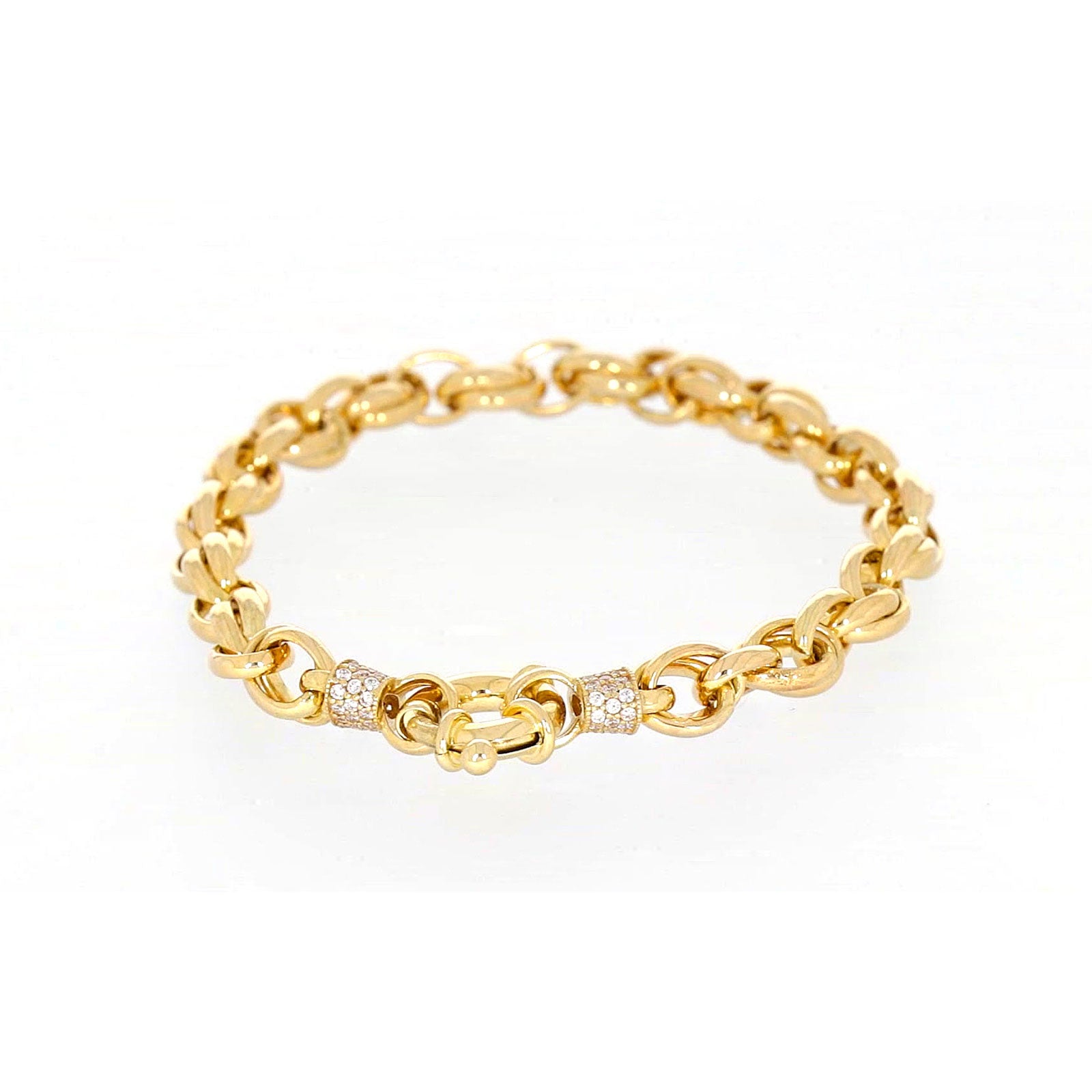 9ct Yellow Gold Silver Filled 19cm Belcher Bracelet with Cubic Zirconia & Bolt Ring