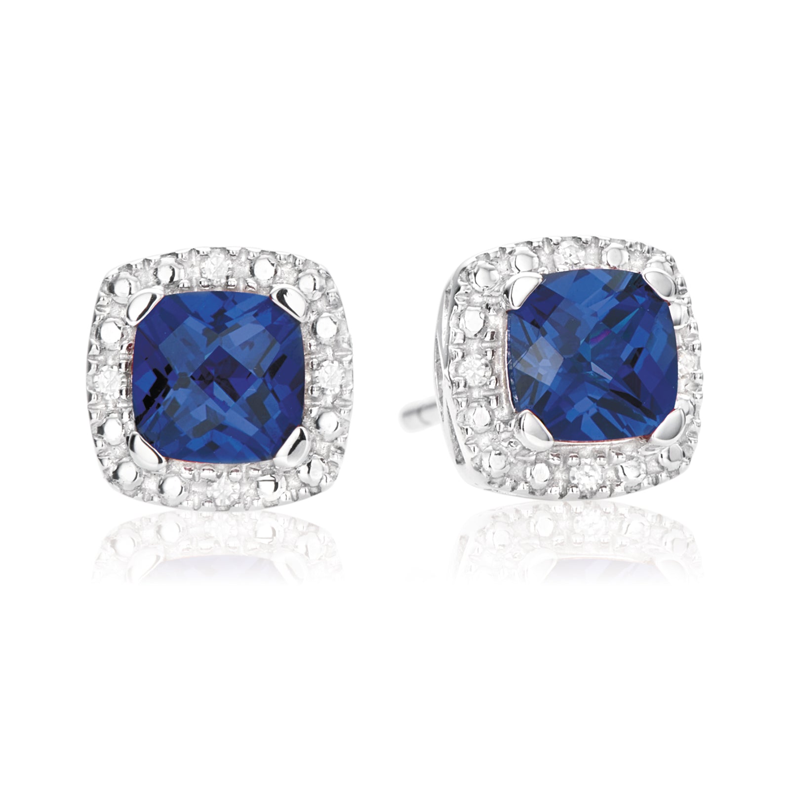 Sterling Silver Cushion Cut Created Blue Sapphire & Diamond Set Stud E ...