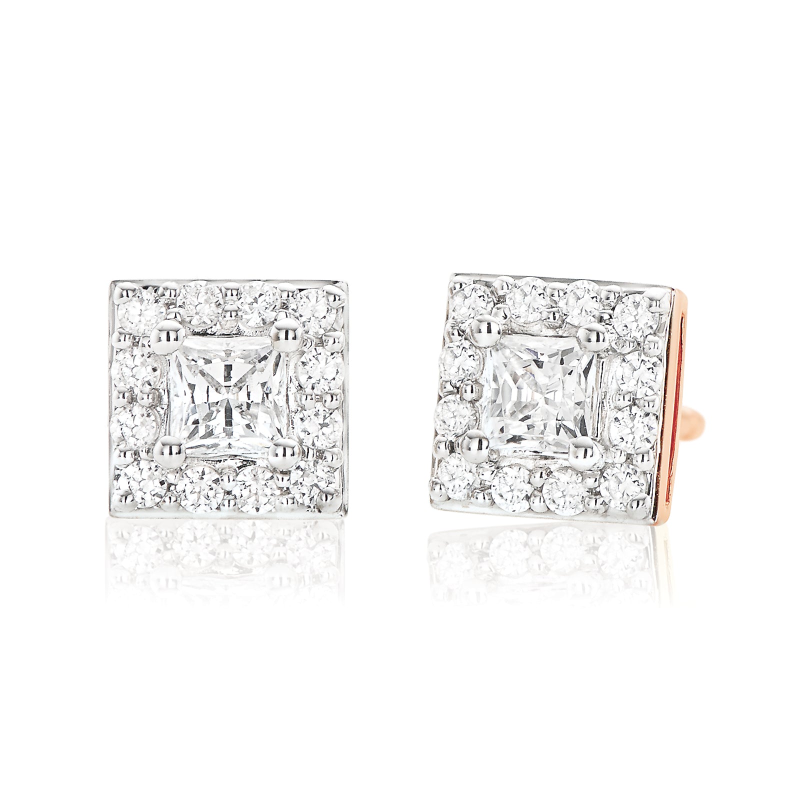 HUSH 9ct Rose Gold Princess & Round Brilliant Cut with 1/2 CARAT tw of Diamond Simulants Stud Earrings