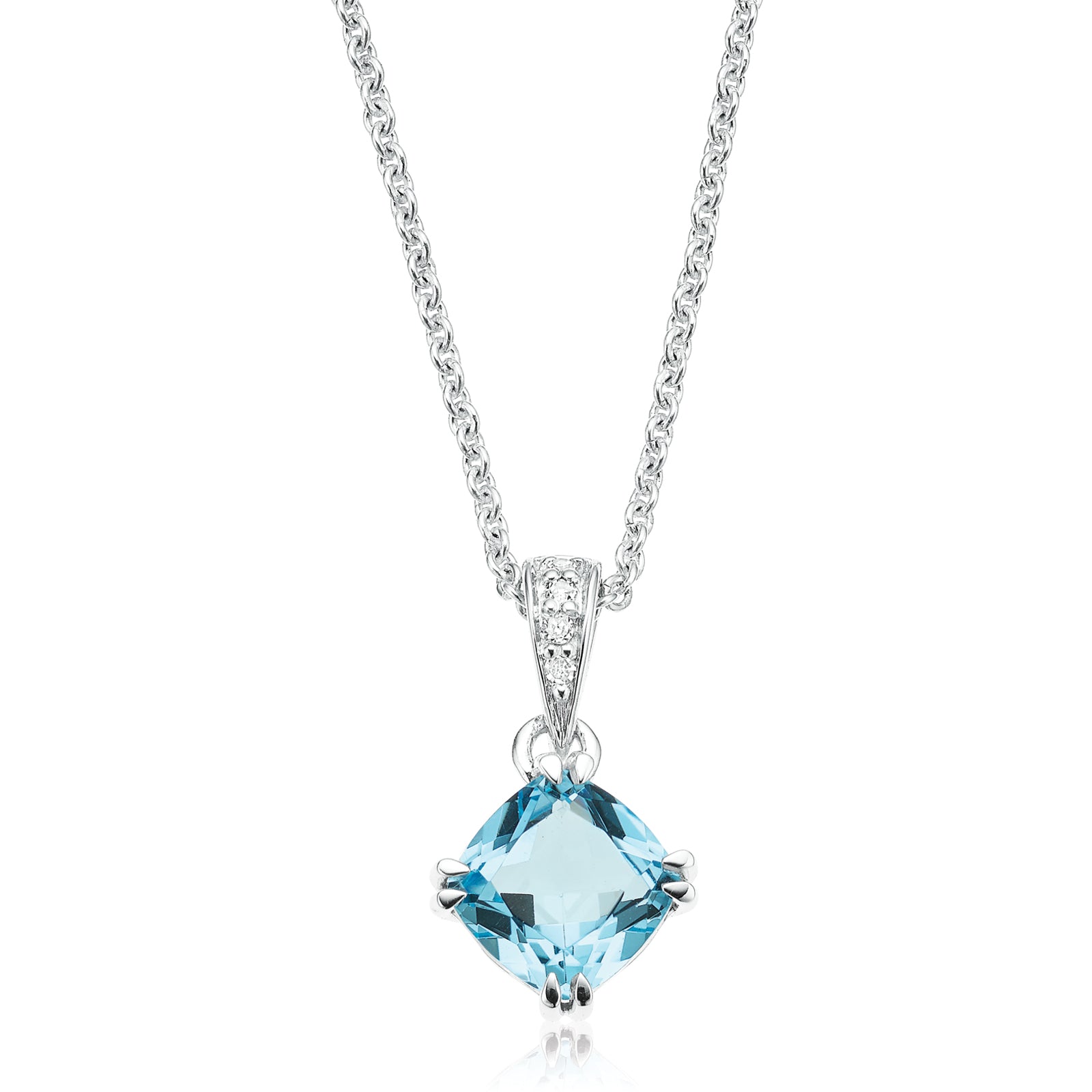 Sterling Silver Cushion & Round Brilliant Cut Blue Topaz & Diamond Set Pendant