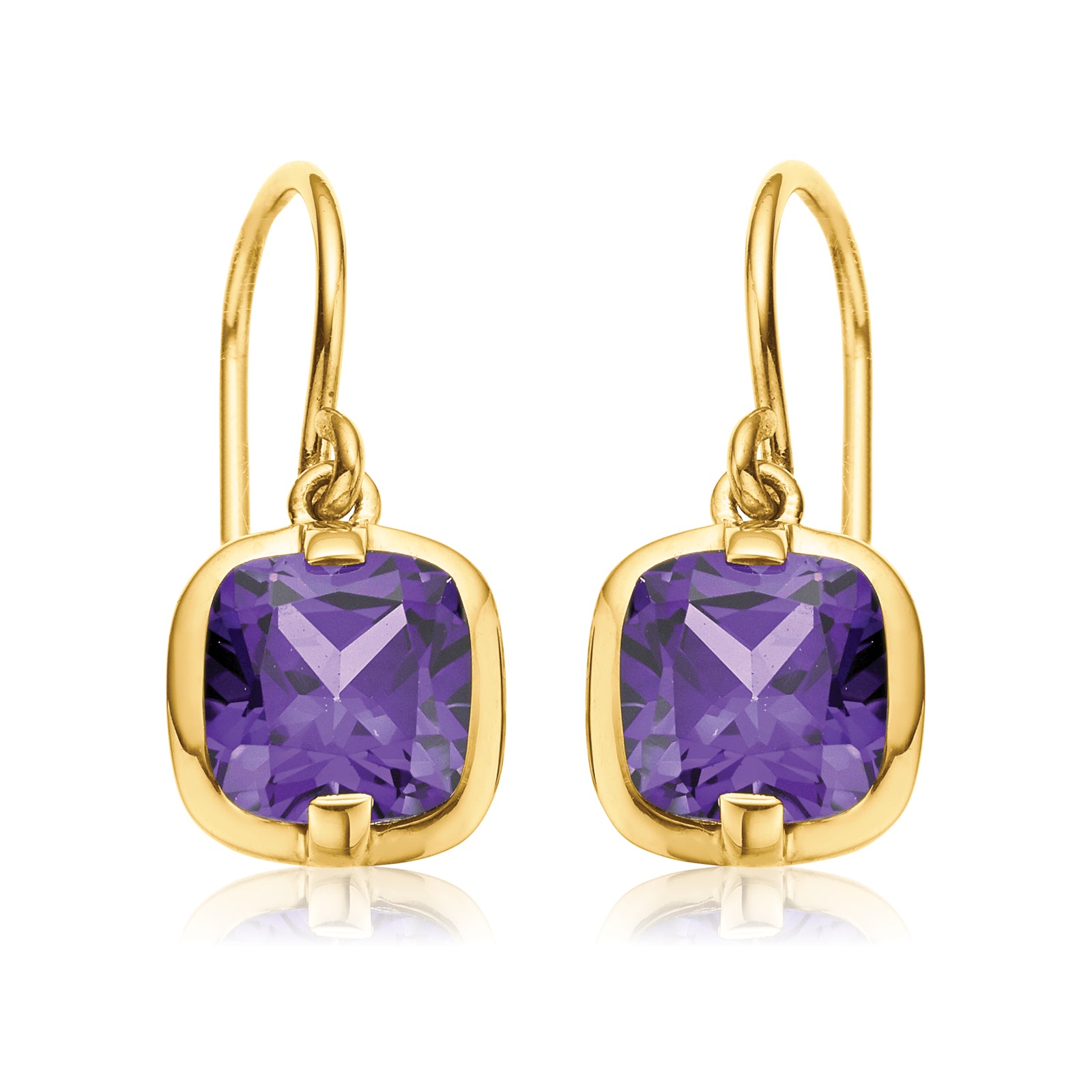 9ct Yellow Gold Cushion Cut 6mm Amethyst Drop Earrings