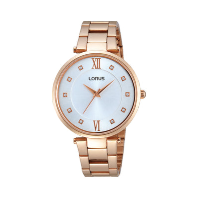 Lorus Rose Tone White Dial Crystal Roman 3 Hand Watch