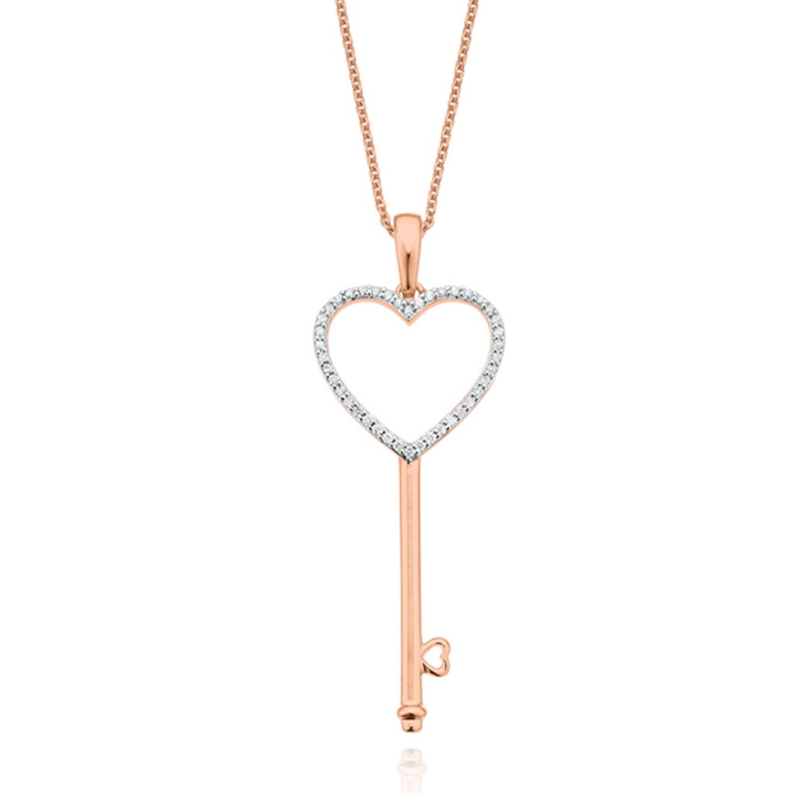 9ct Rose Gold Round Brilliant Cut Heart & Key with 0.15 Carat tw of Diamond Pendant