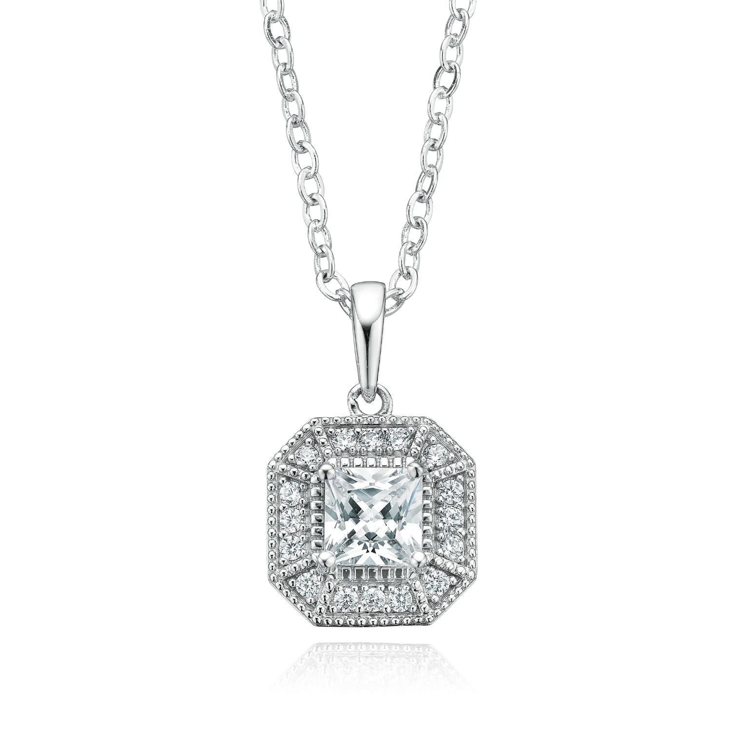 Sterling Silver Princess & Round Brilliant Cut Cubic Zirconia Halo Pendant