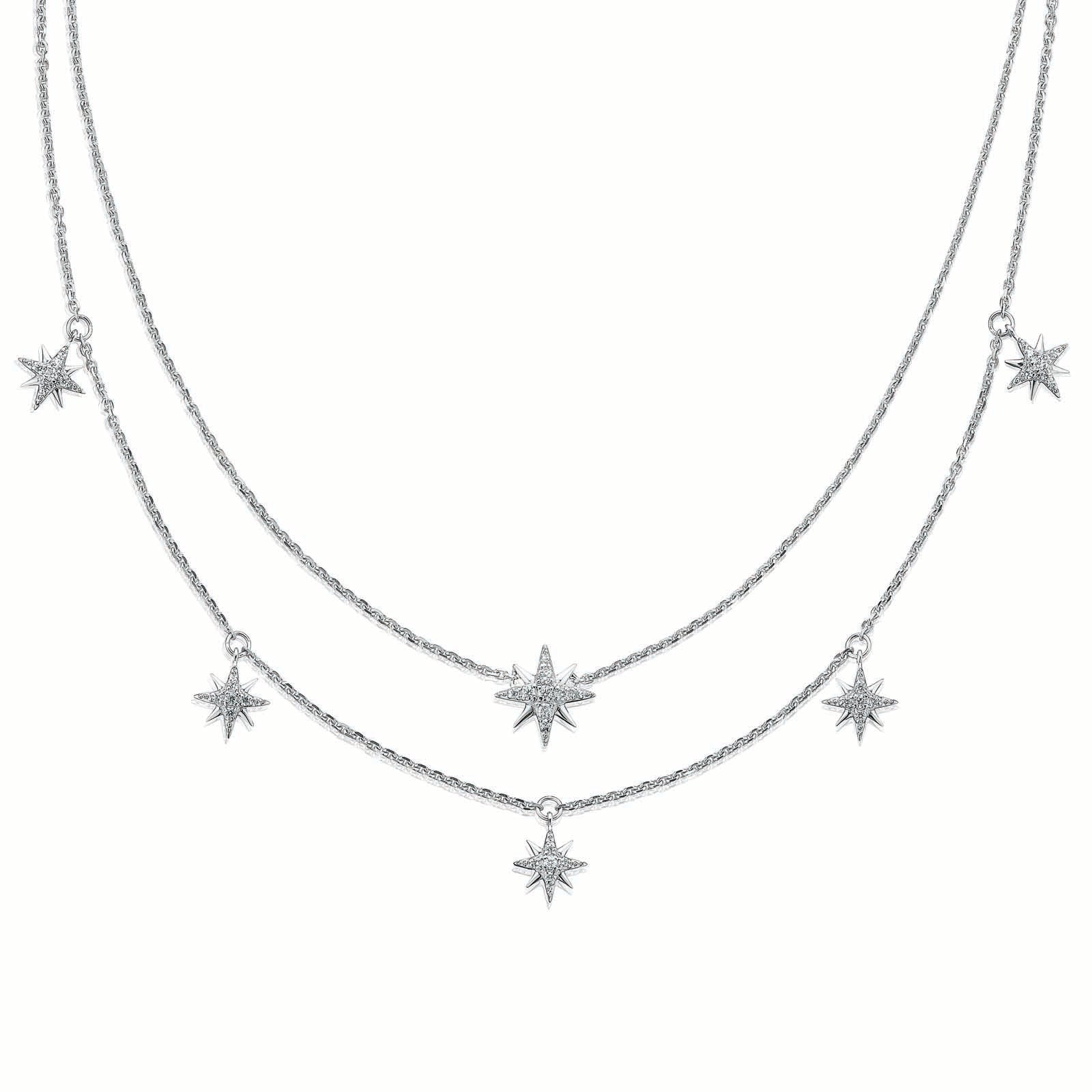 Sterling Silver  Cubic Zirconia Layered Star Necklace