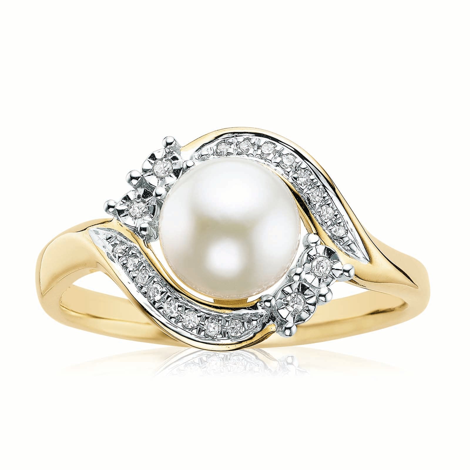 9ct Two Tone Gold  7mm Freshwater Pearl  & Diamond Set Ring