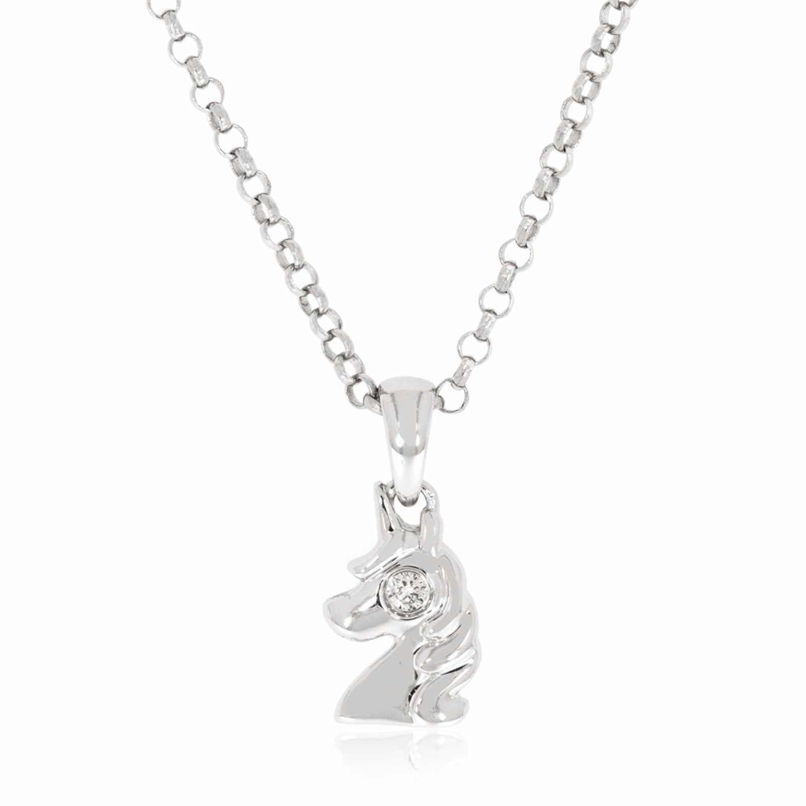 My First Diamond Kids Sterling Silver Round Brilliant Cut Diamond Set Unicorn Necklace