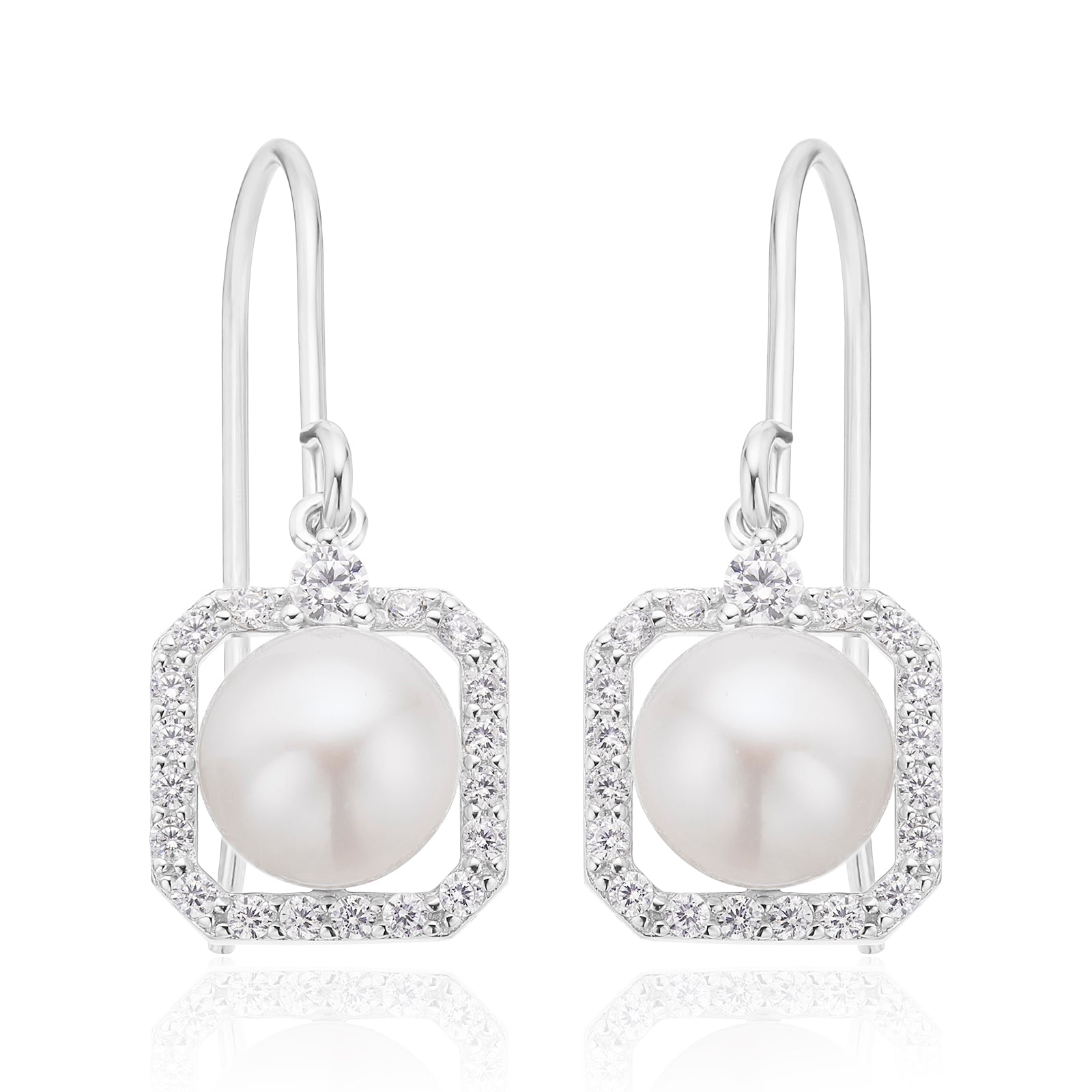 Sterling Silver 7-7.5 mm Pearl Cubic Zirconia Drop Earrings