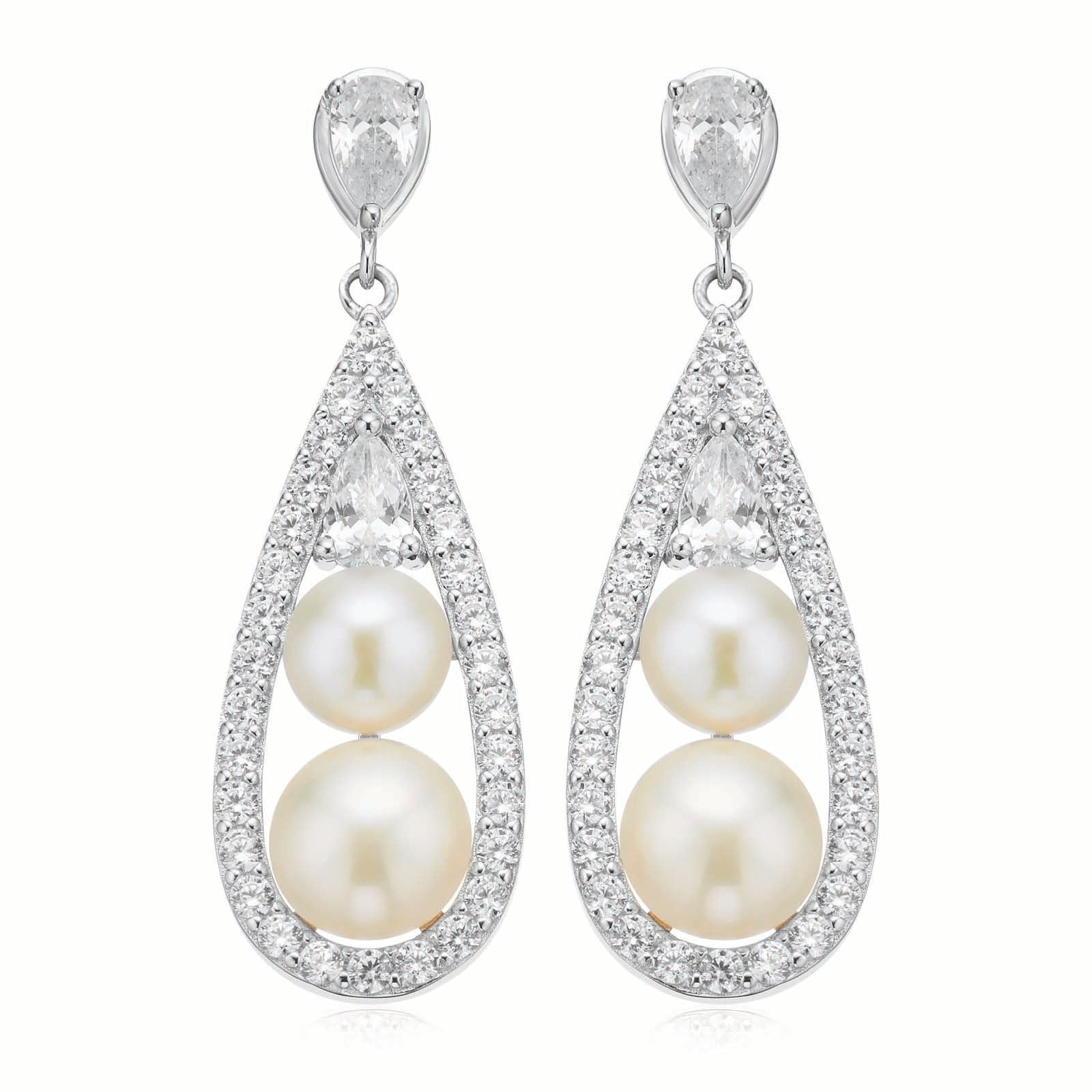 Sterling Silver  Button 5.5-6 mm White Fresh Water Pearl Cubic Zirconia Drop Earrings