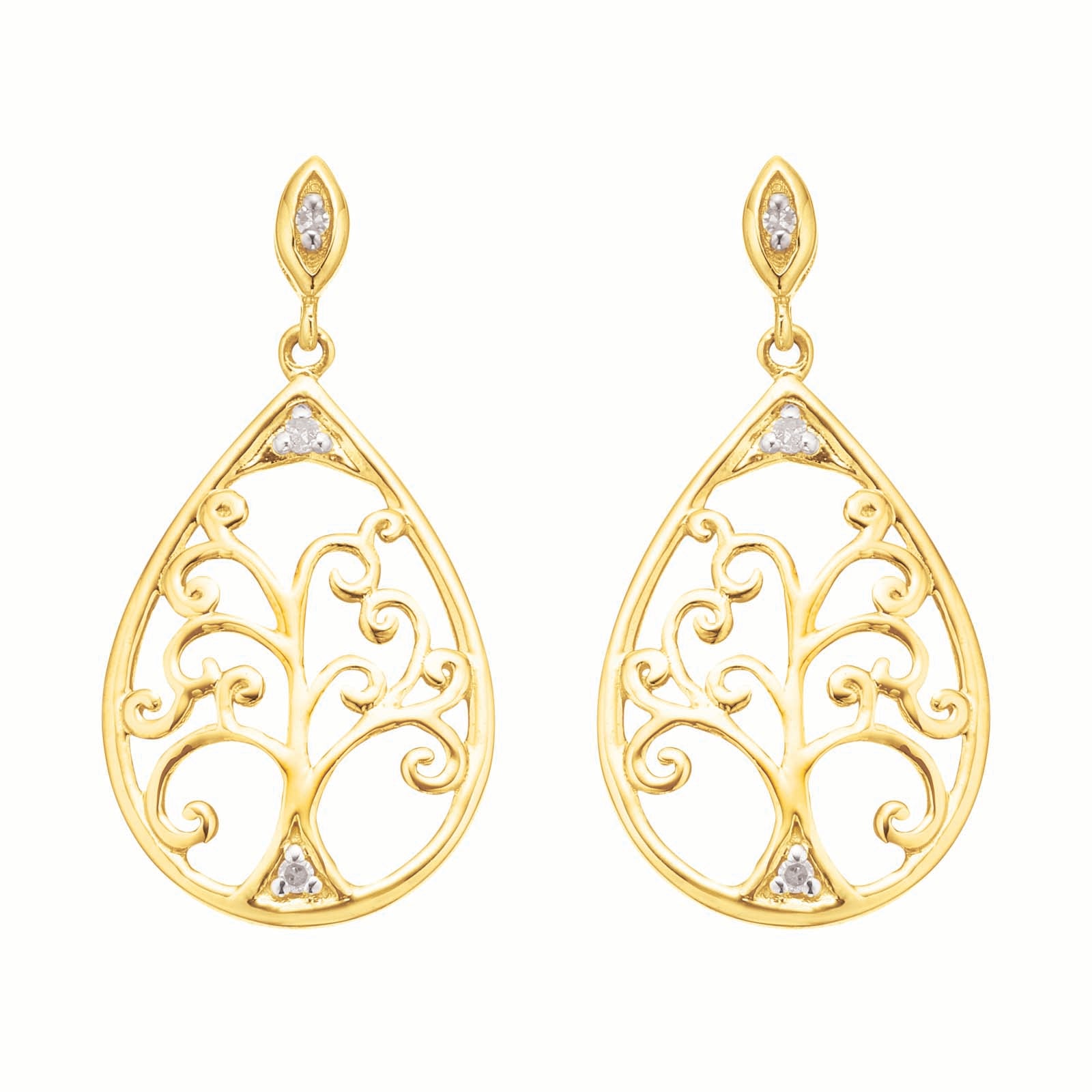 9ct Yellow Gold Diamond Set Tree of Life  Drop Earrings